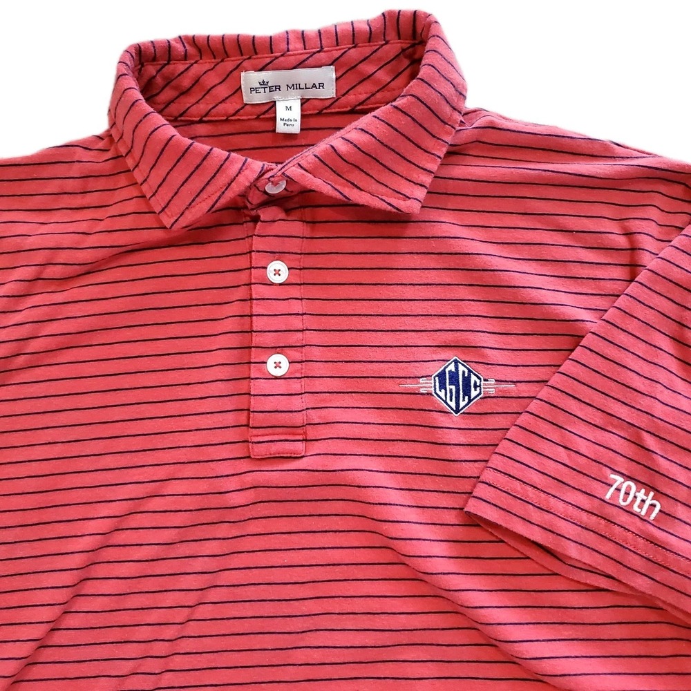 Peter Millar Men's Medium Red Stripe Polo Shirt LGCG La Gorce Golf Club Logo FL